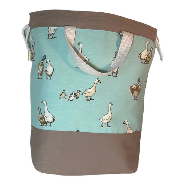 Extra Large canvas drawstring knitting bag with ducks print, multi pockets proje