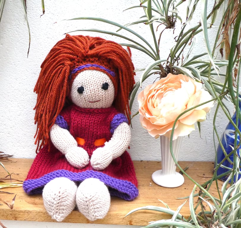 Doll. 12" Hand Knitted Doll Red Hair Doll Handmade in Wool With Removable Dress