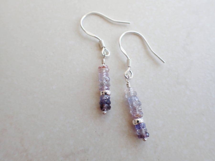 Ombre purple sapphire sterling silver bead drop earrings, September birthstone