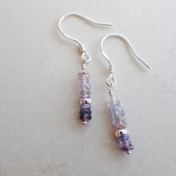 Ombre purple sapphire sterling silver bead drop earrings, September birthstone