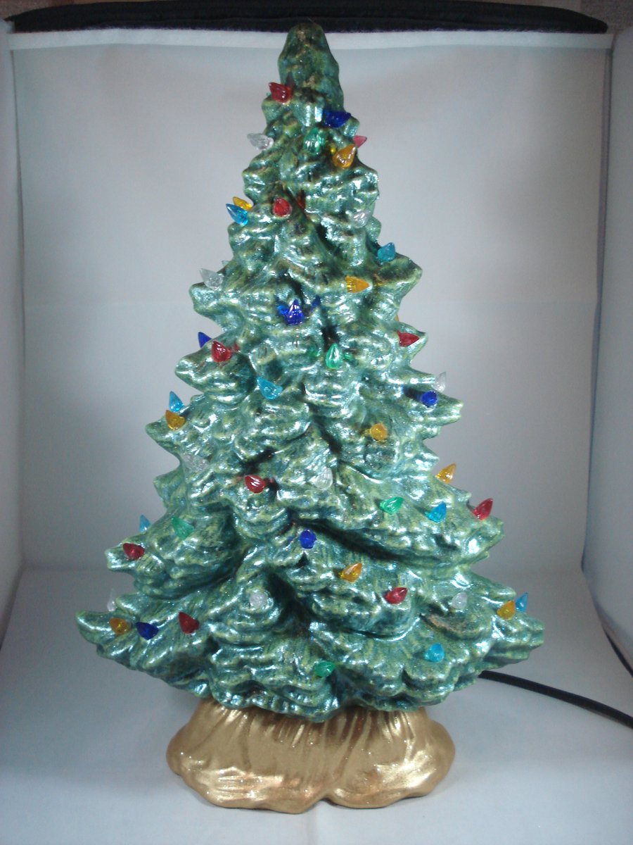 Slim Green Glittery Ceramic Xmas Christmas Tree Table Lamp Ornament Decoration.