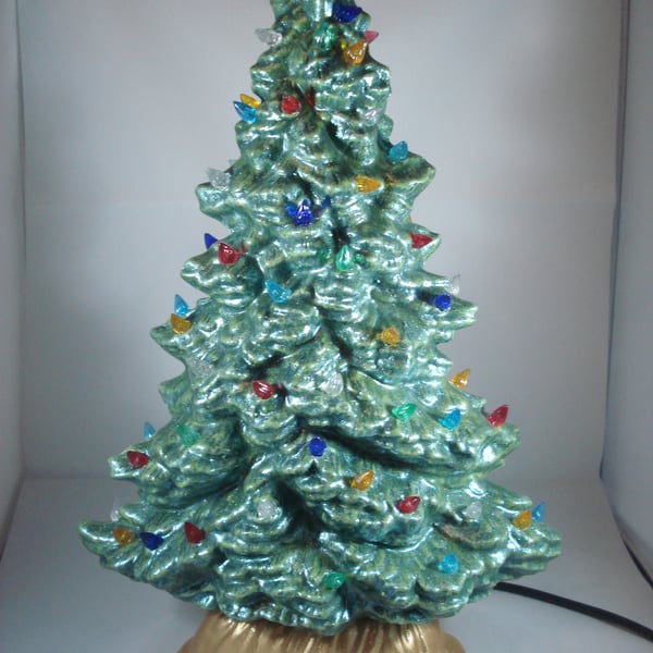 Slim Green Glittery Ceramic Xmas Christmas Tree Table Lamp Ornament Decoration.