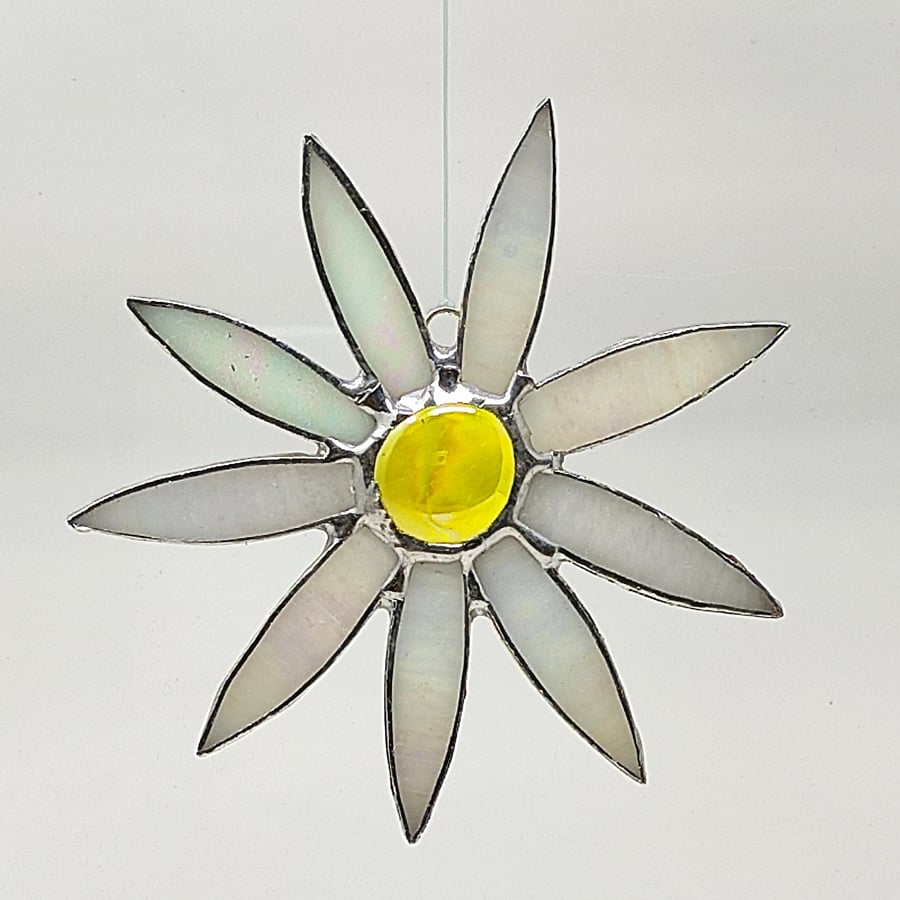 Stained glass iridescent white daisy copperfoil suncatcher