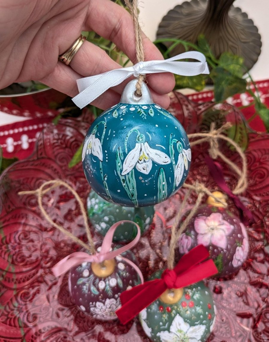 Snowdrop hand-painted ceramic Christmas bauble