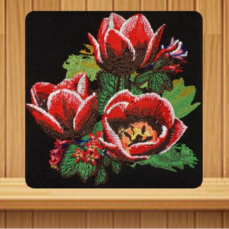  Handmade red floral bouquet greetings card embroidered design