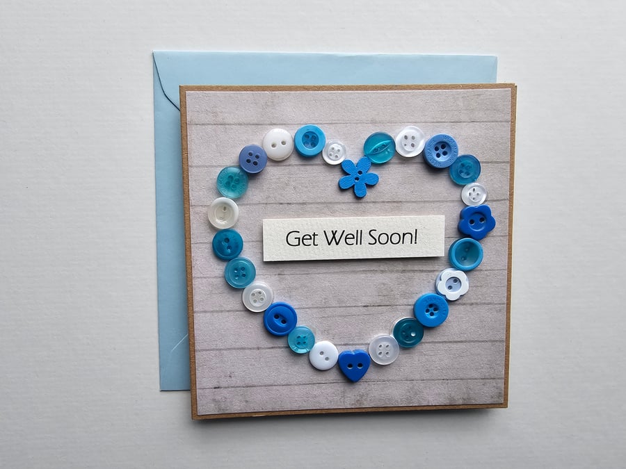 Blue Buttons Heart Get Well Card Size 5" x 5" (12.5cm x 12.5cm)