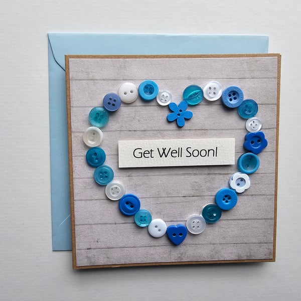 Blue Buttons Heart Get Well Card Size 5" x 5" (12.5cm x 12.5cm)