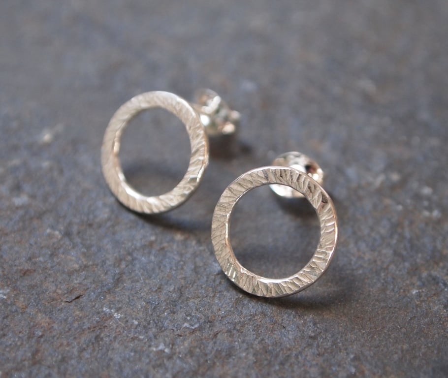 Hoop Stud Earrings, Silver ring stud earrings with texture