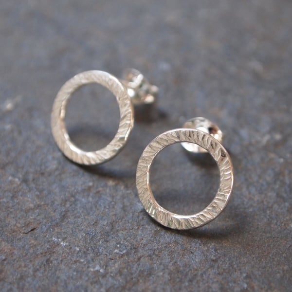 Hoop Stud Earrings, Silver ring stud earrings with texture