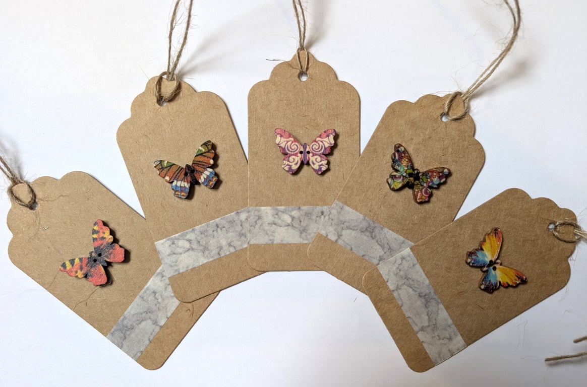 Homemade gift tags made with buttons in packs of 5 - butterfly