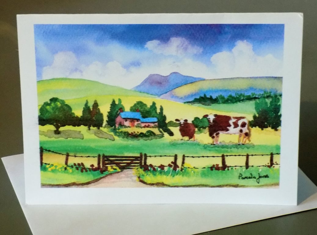 Art Greeting Card, Cows, in The Brecon Beacons, Wales - Blank inside, Size A5 