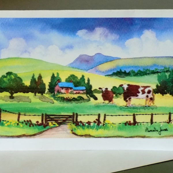 Art Greeting Card, Cows, in The Brecon Beacons, Wales - Blank inside, Size A5 