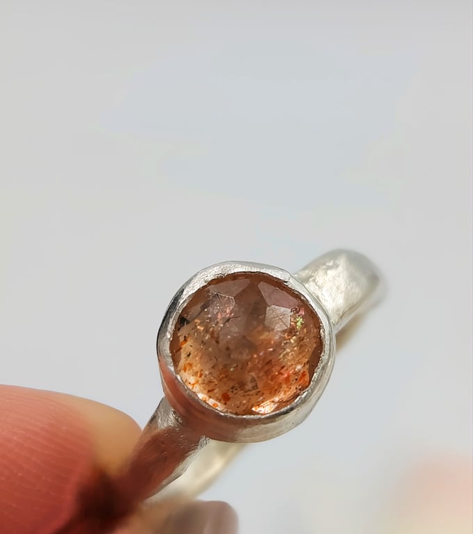 Rose Cut Sunstone Ring in Molten Textured Sterling Silver - Size L