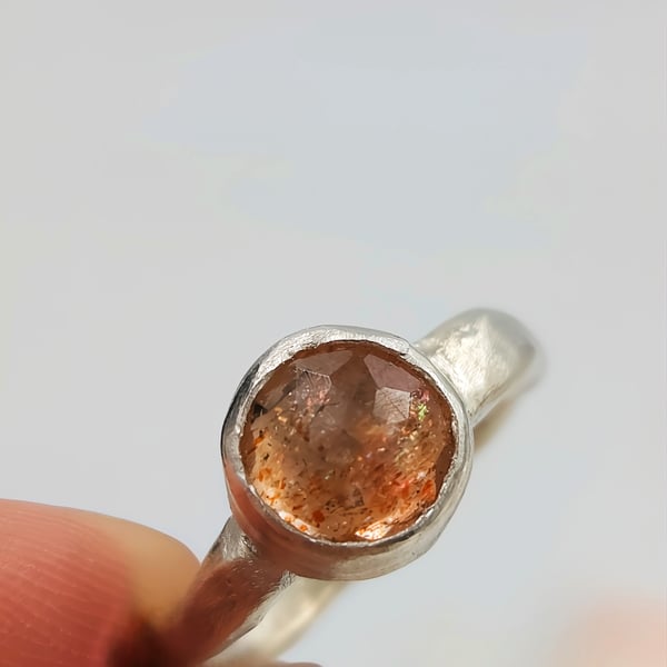 Rose Cut Sunstone Ring in Molten Textured Sterling Silver - Size L