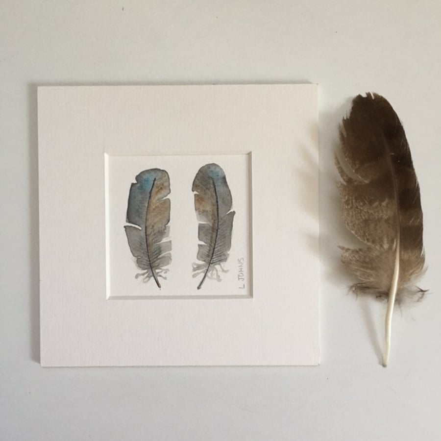 Original Still life watercolour and ink painting Feathers 