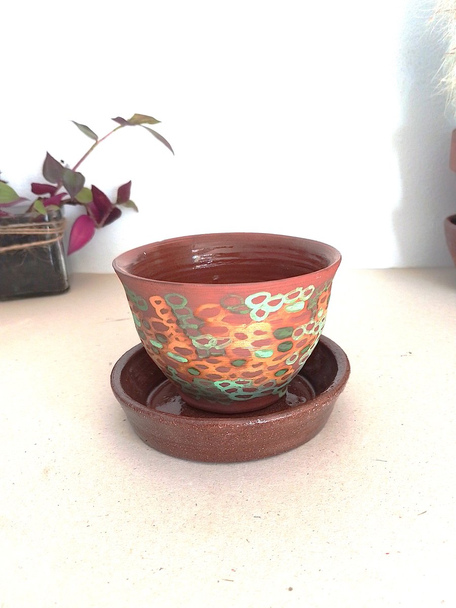Terracotta multicolored planter and tray set, hand made studio planter and tray