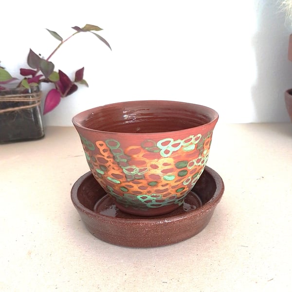 Terracotta multicolored planter and tray set, hand made studio planter and tray
