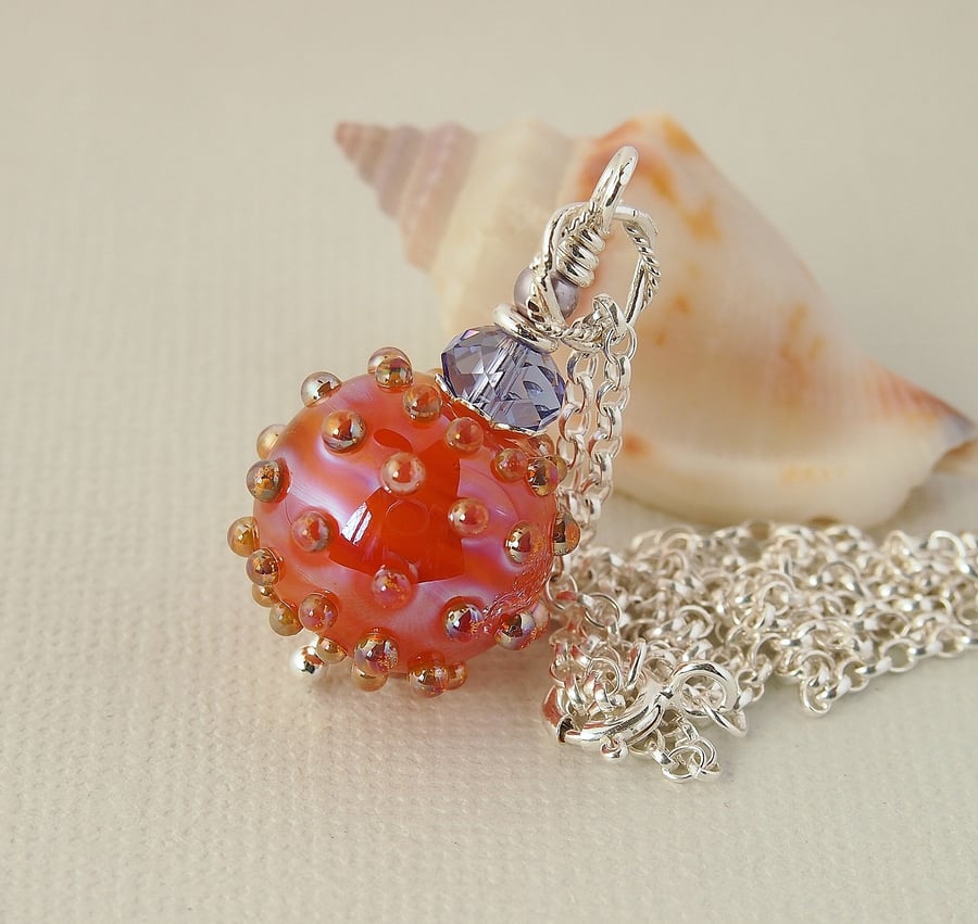 Orange Pink and Mauve Lustre Glass Bead Pendant - Sterling Silver