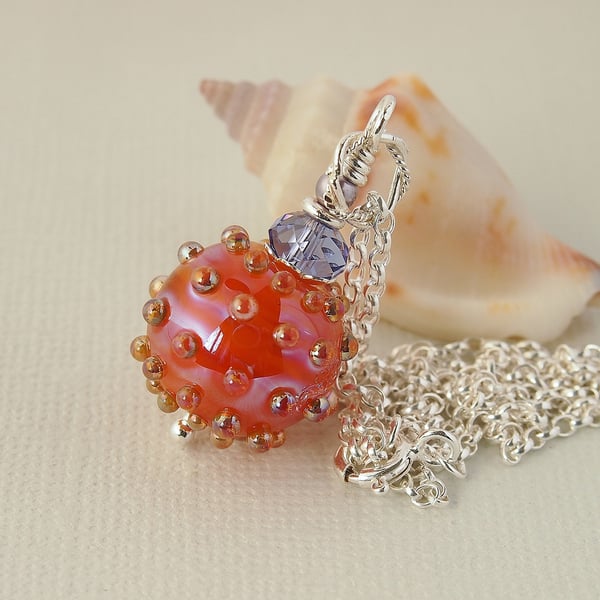 Orange Pink and Mauve Lustre Glass Bead Pendant - Sterling Silver