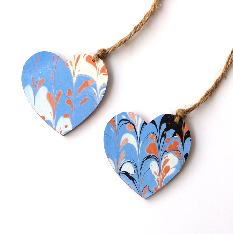 Marbled paper hanging heart gift tag present hang pair
