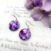 Purple marbled geode fabric button dangle earrings
