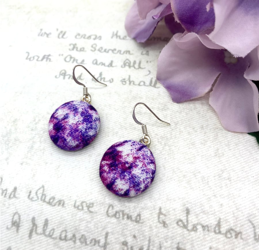 Purple marbled geode fabric button dangle earrings