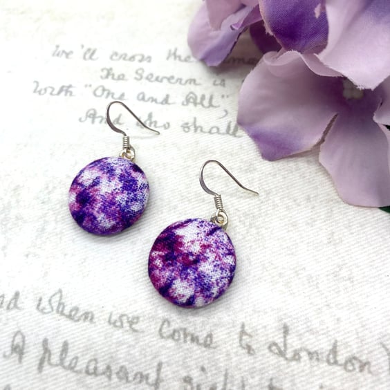 Purple marbled geode fabric button dangle earrings