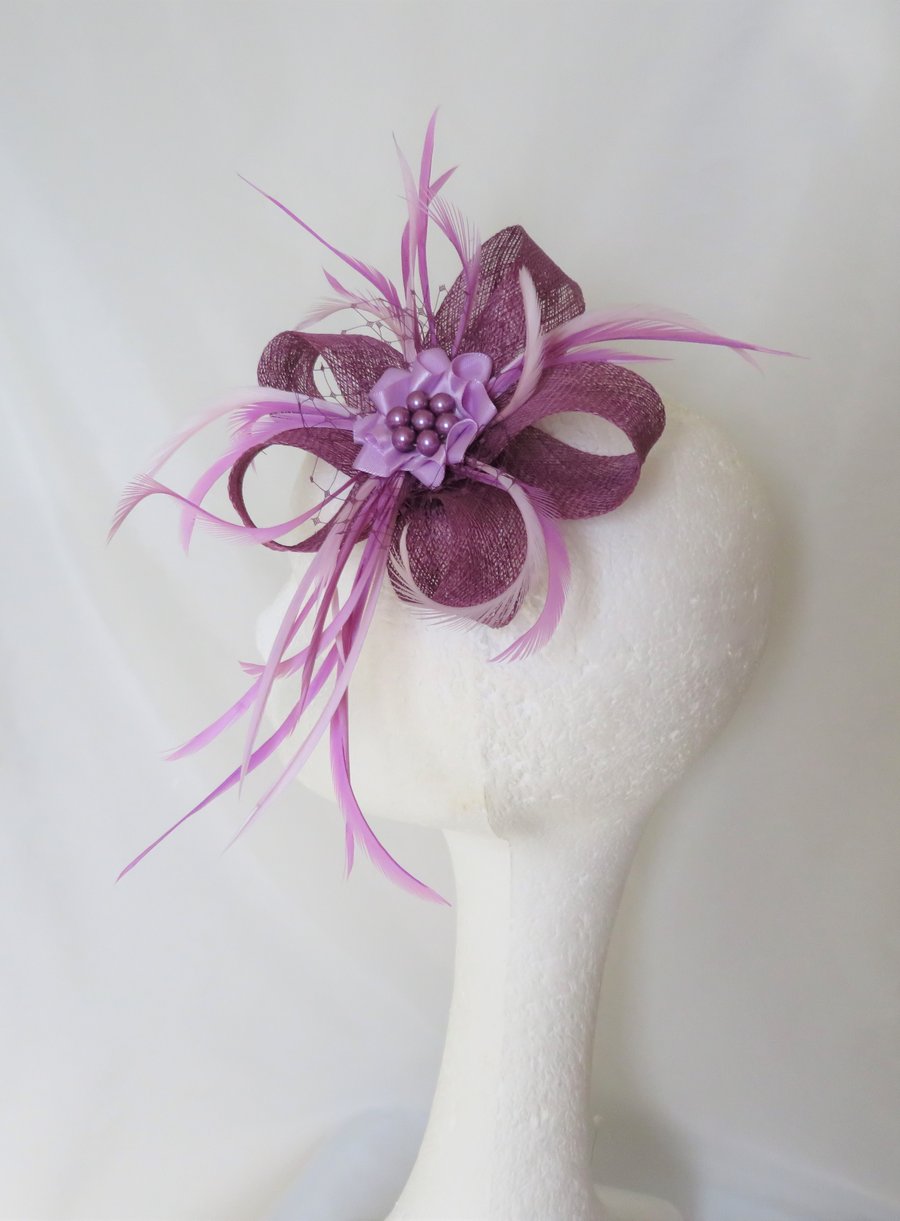 Lavender and Amethyst Sinamay Loop and Feather Clip In Fascinator 