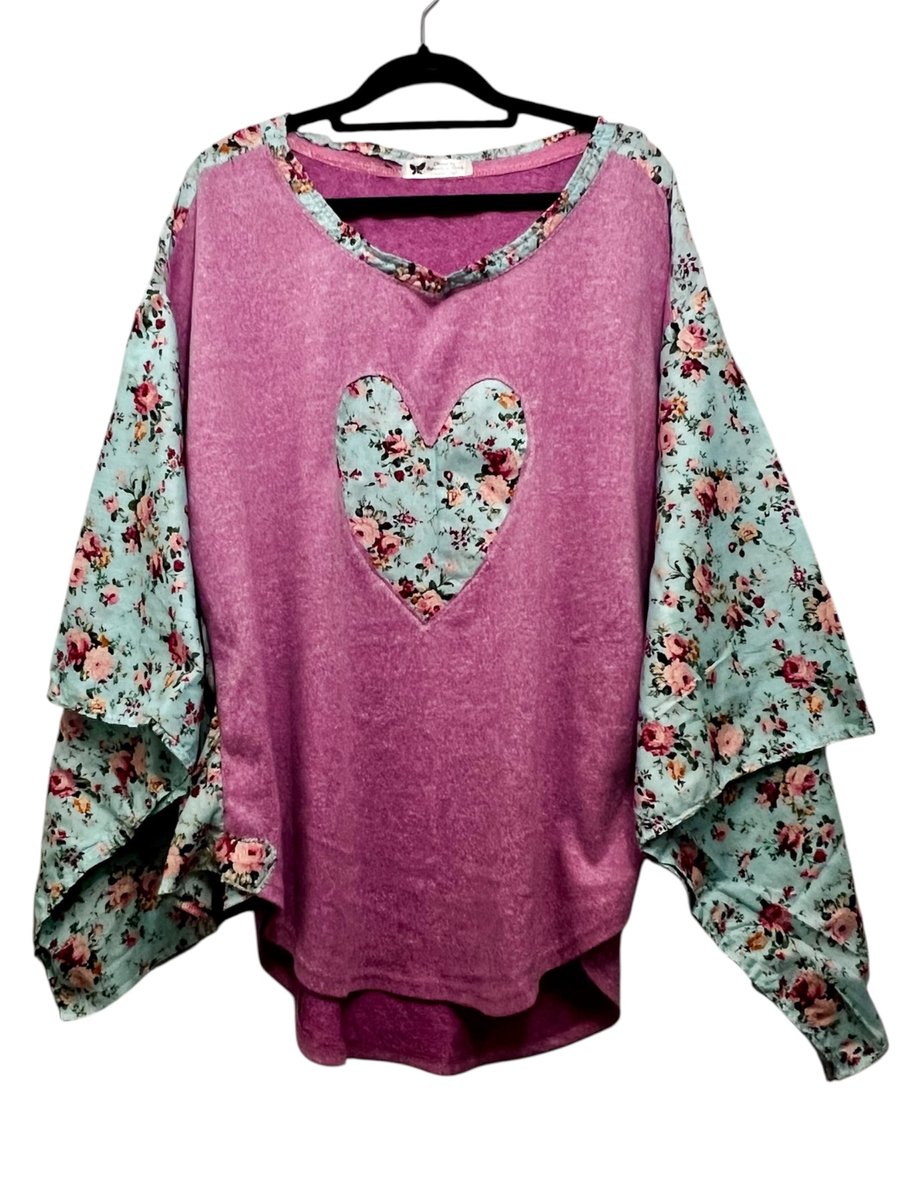 Upcycled Pink Boho Jumper with Floral Heart Detail One of a Kind Clothing