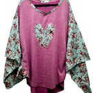 Upcycled Pink Boho Jumper with Floral Heart Detail One of a Kind Clothing