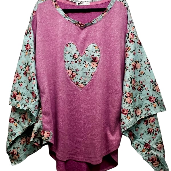 Upcycled Pink Boho Jumper with Floral Heart Detail One of a Kind Clothing