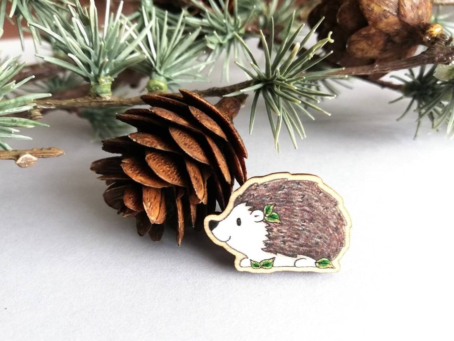 Hedgehog Wooden Pin Brooch