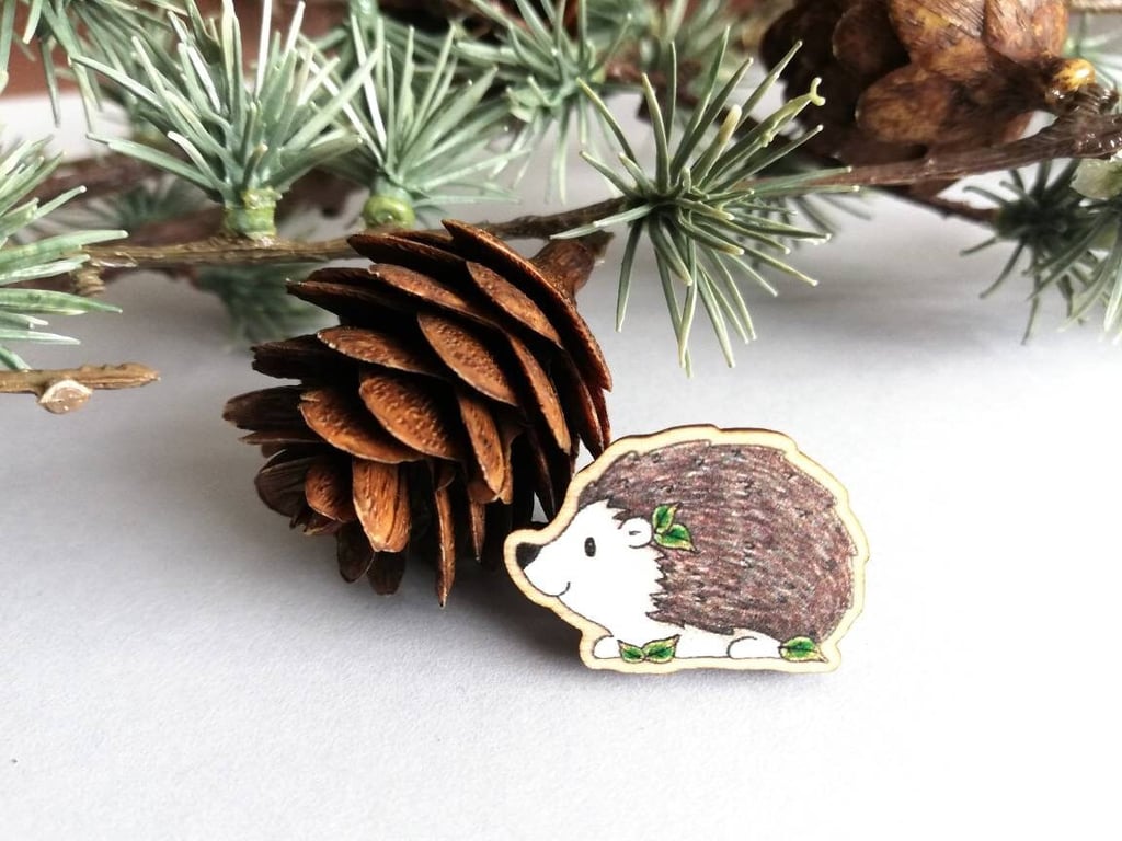 Hedgehog Wooden Pin Brooch