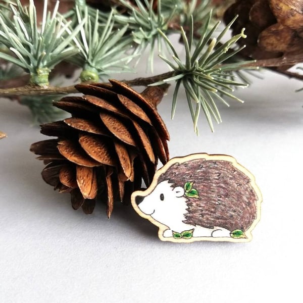 Hedgehog Wooden Pin Brooch
