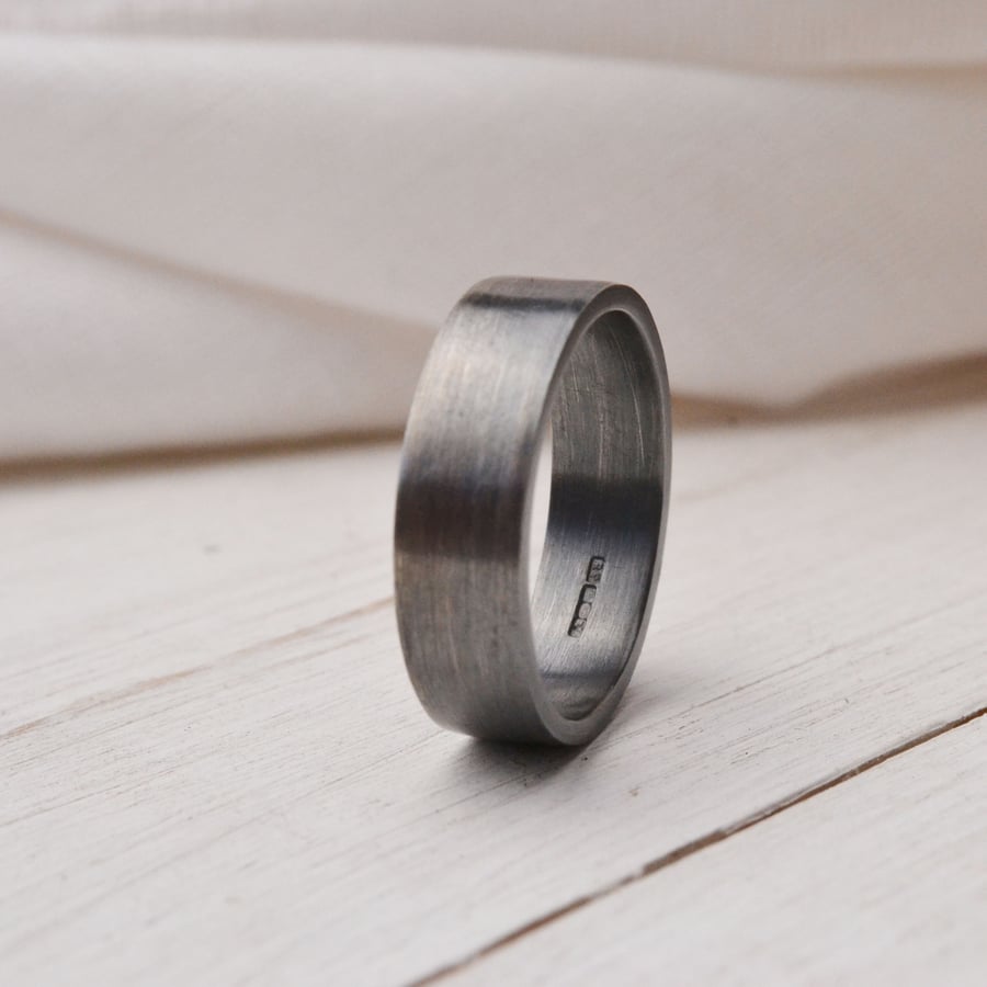 Oxidised and brushed sterling silver wedding ring