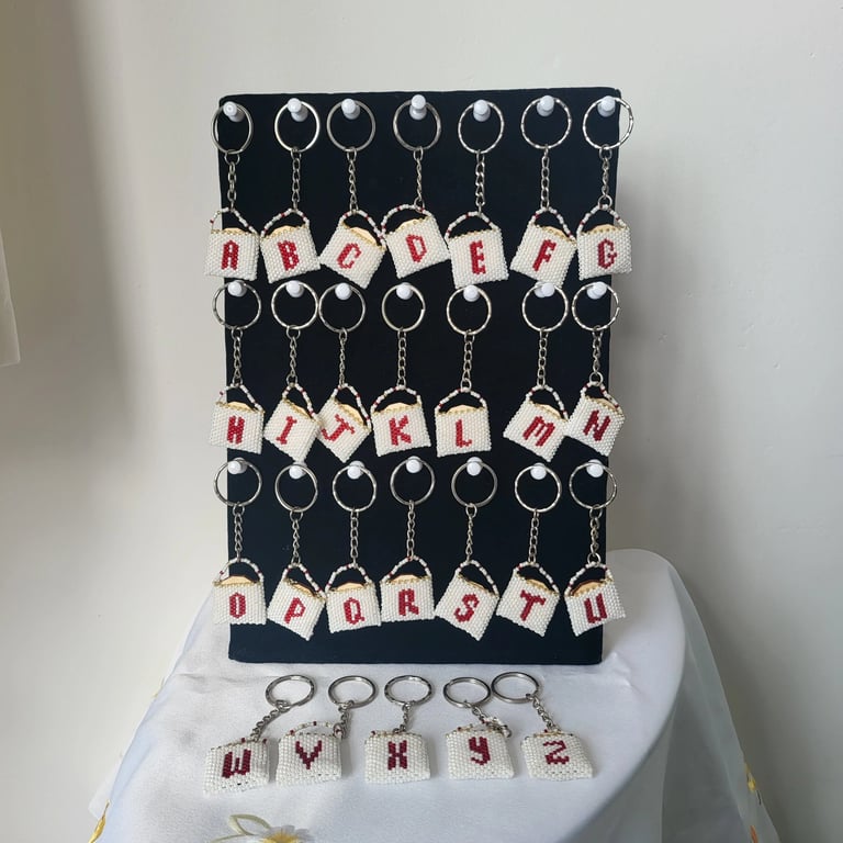 Handmade Beaded Alphabet Mini Bag Keyring with Wooden Shopping Token