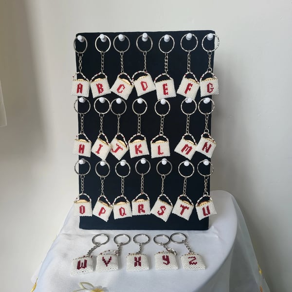 Handmade Beaded Alphabet Mini Bag Keyring with Wooden Shopping Token