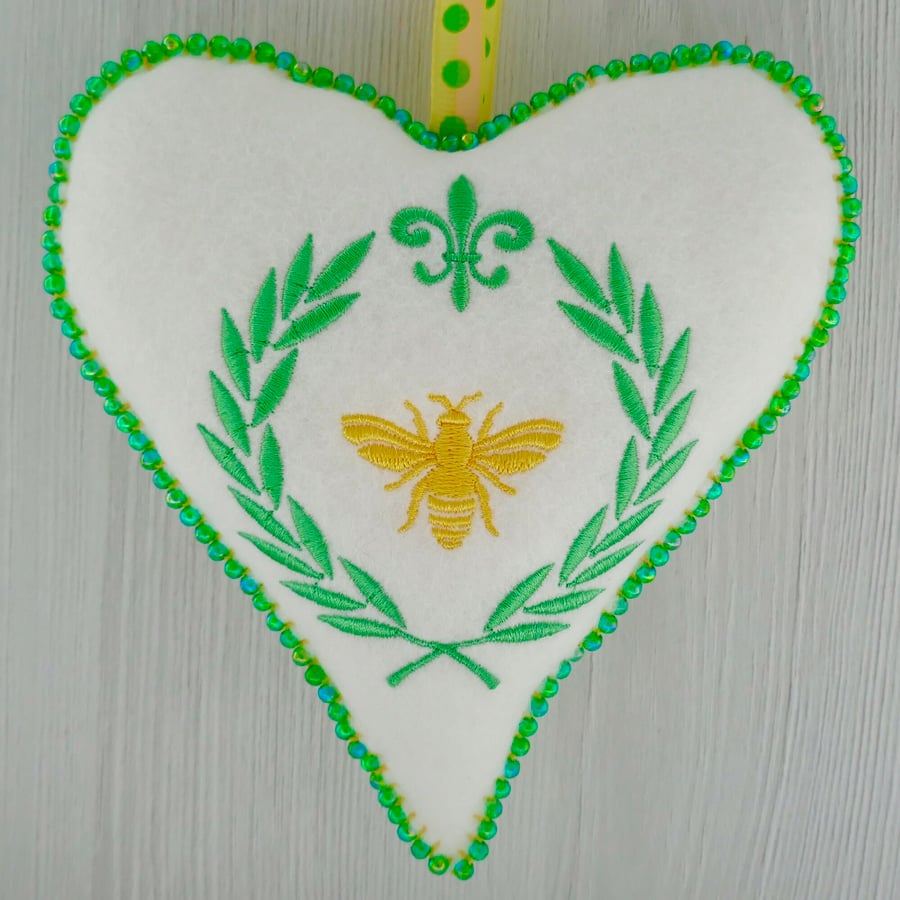 Beaded Felt Heart: Embroidered Laurel & Bee 6” (15cm)