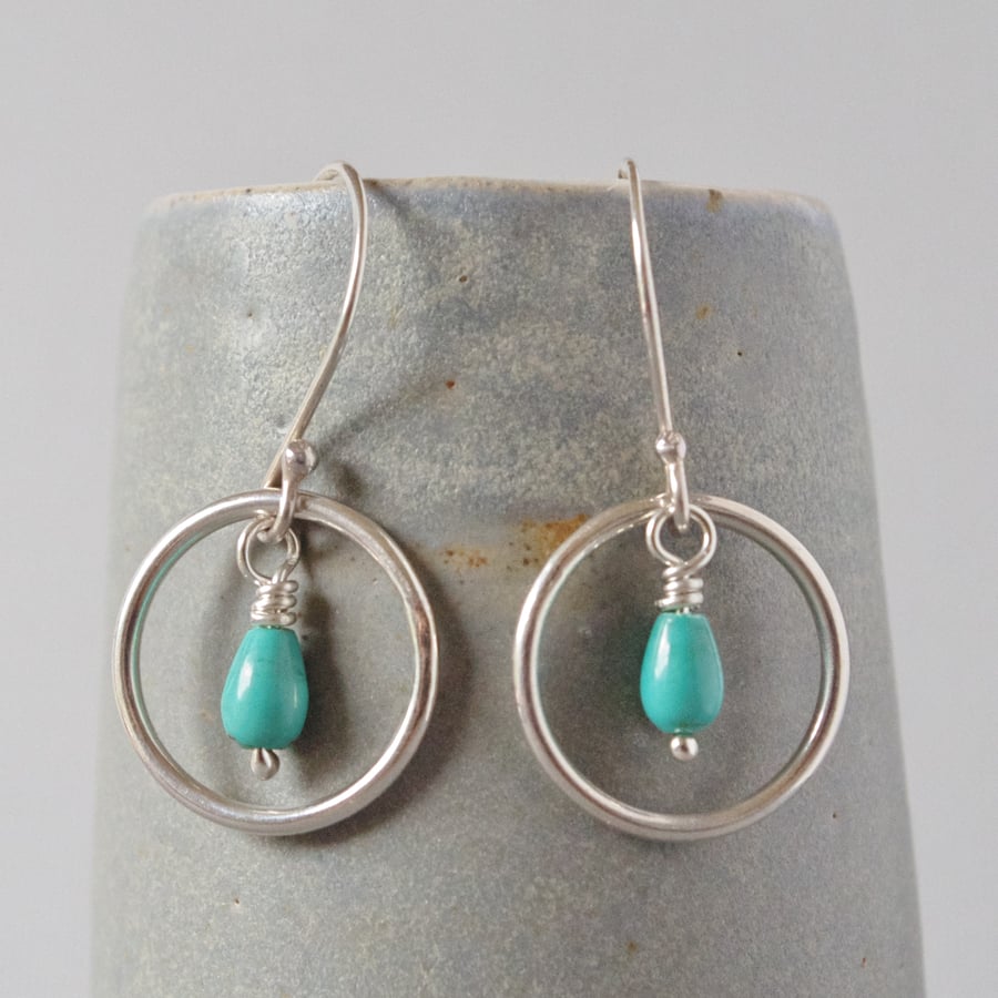 Ethical Sterling Silver and Turquoise Gemstone Circular Drop Karma Earrings 