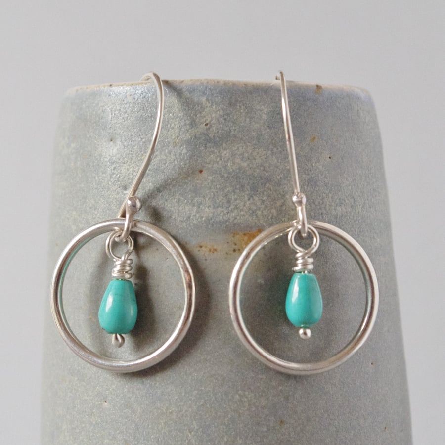 Semi Prescious Turquoise Earrings With Sterling Silver Hoops