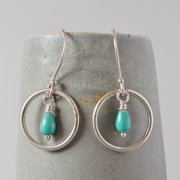 Semi Prescious Turquoise Earrings With Sterling Silver Hoops
