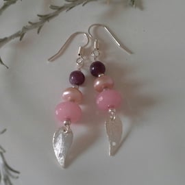Genuine Ruby, Freshwater Pearls, Pink Jade Stud Sterling Silver Earrings
