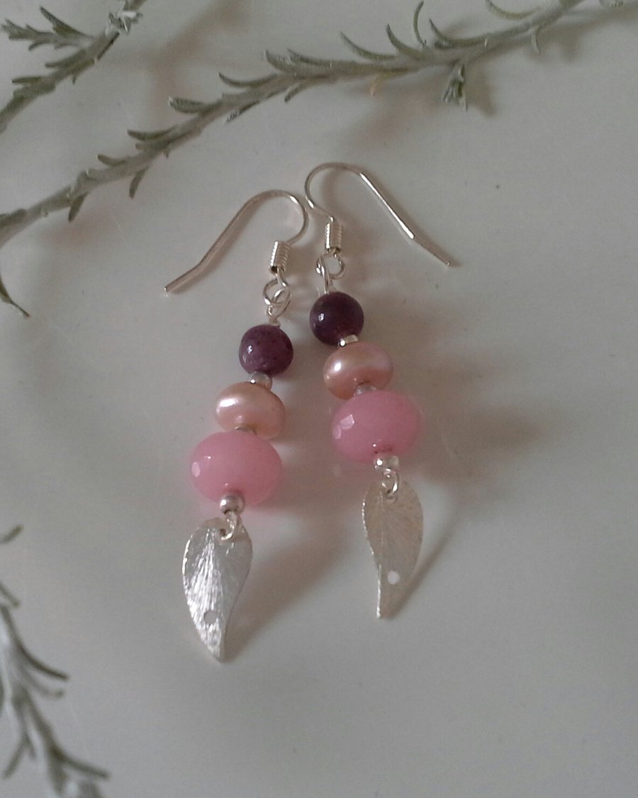 Genuine Ruby, Freshwater Pearls, Pink Jade Stud Sterling Silver Earrings