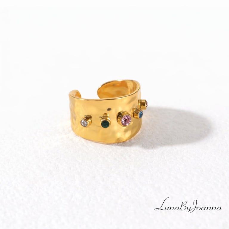 Gold Hammered Open Cuff Ring with Gemstone Details