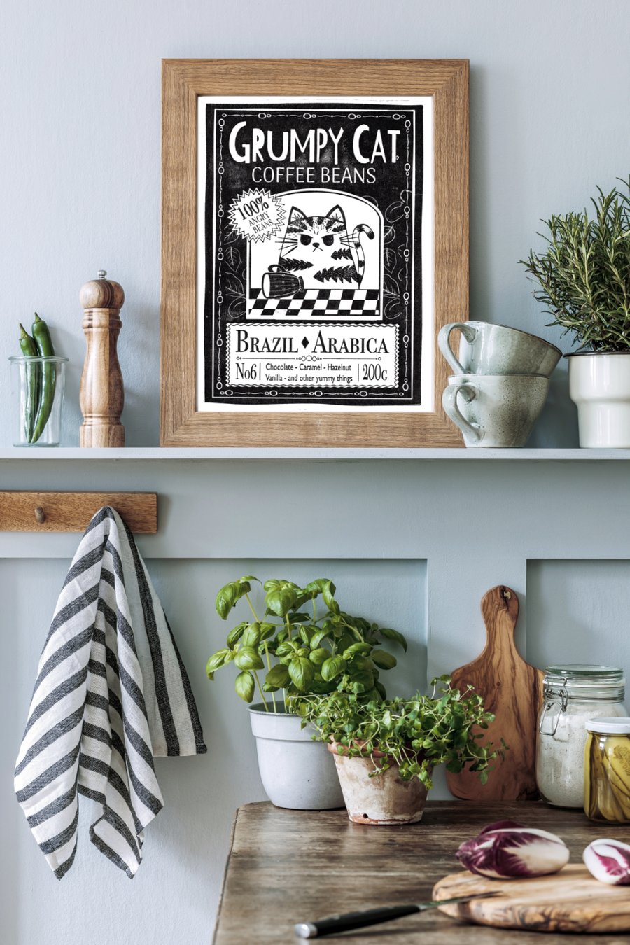 Grumpy Cat Coffee Beans Hand printed Print - Funny Cat Art - Coffee Lover Gift