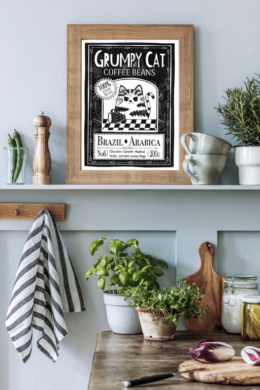 Grumpy Cat Coffee Beans Hand printed Print - Funny Cat Art - Coffee Lover Gift