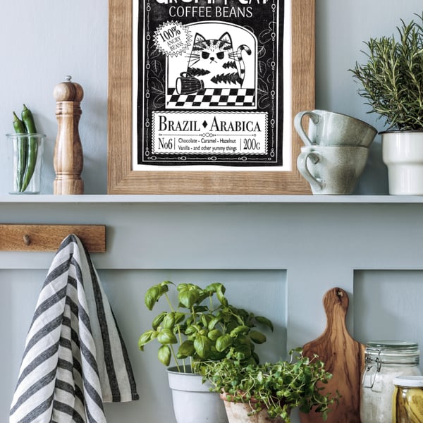 Grumpy Cat Coffee Beans Hand printed Print - Funny Cat Art - Coffee Lover Gift