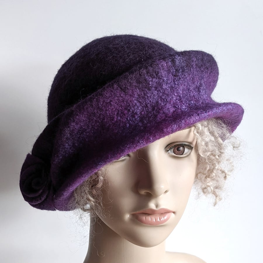 Sculpted felted wool hat in purples