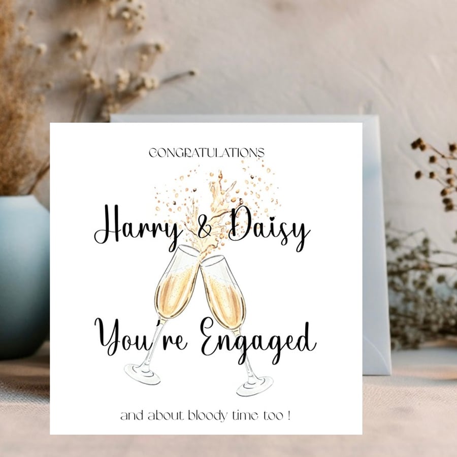 Humorous Champagne Glasses Personalised Engagement and Congratulations card