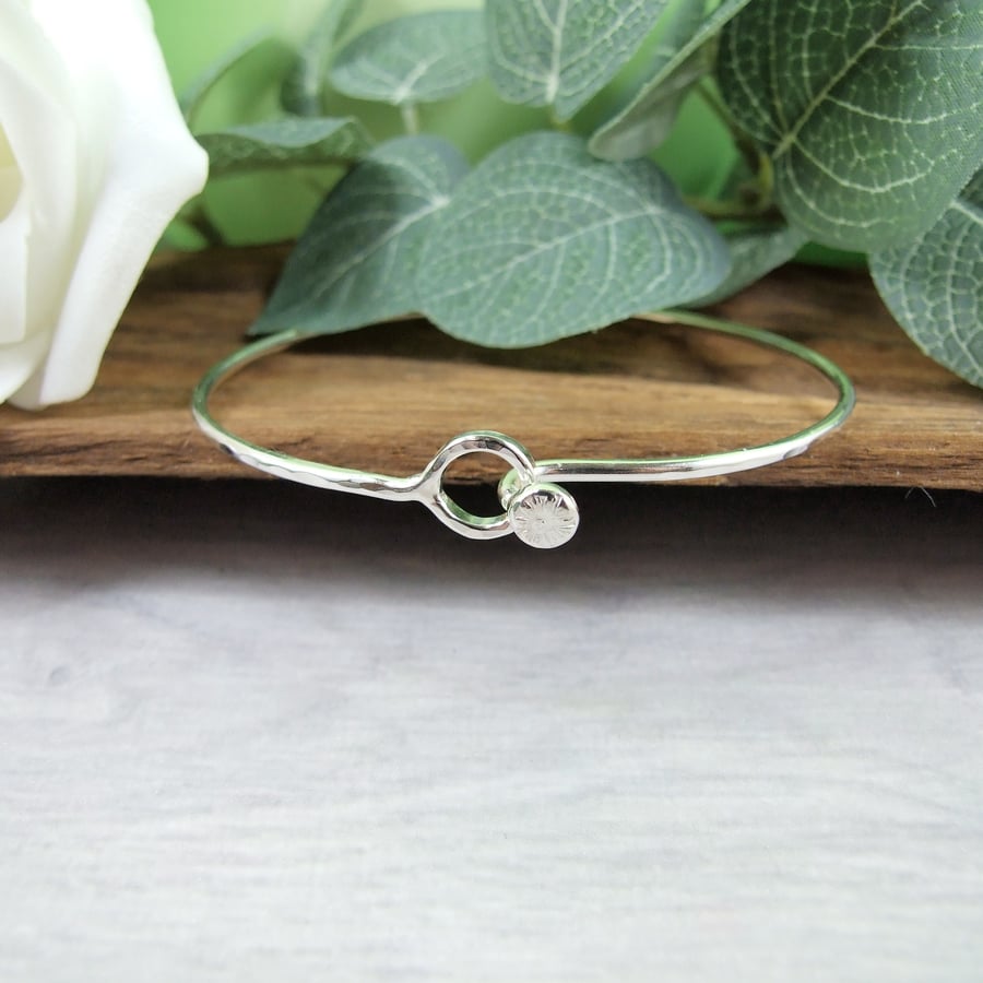 Sterling Silver Bangle with Flower Clasp. Size Small-Medium 6.5-7Inch Wrist